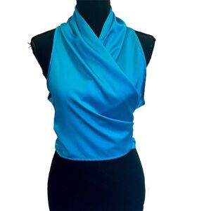 Forever 21 blue satin effect sleeveless halter wrap top blouse Sz L